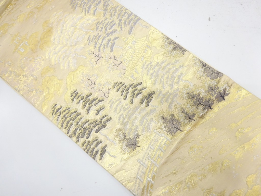 JAPANESE KIMONO / ANTIQUE FUKURO OBI / SILK / WOVEN SCENERY IN TANG